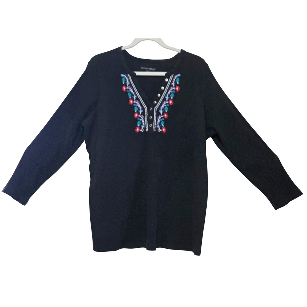 Woman Within Boho‎ Chic Black Floral Embroidered Waffle Knit Henley Top 1X